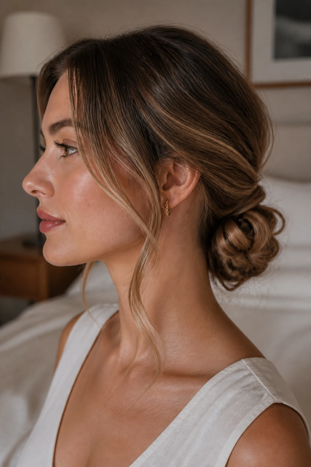 Close-up of a real woman with a low twisted bun and face-framing pieces