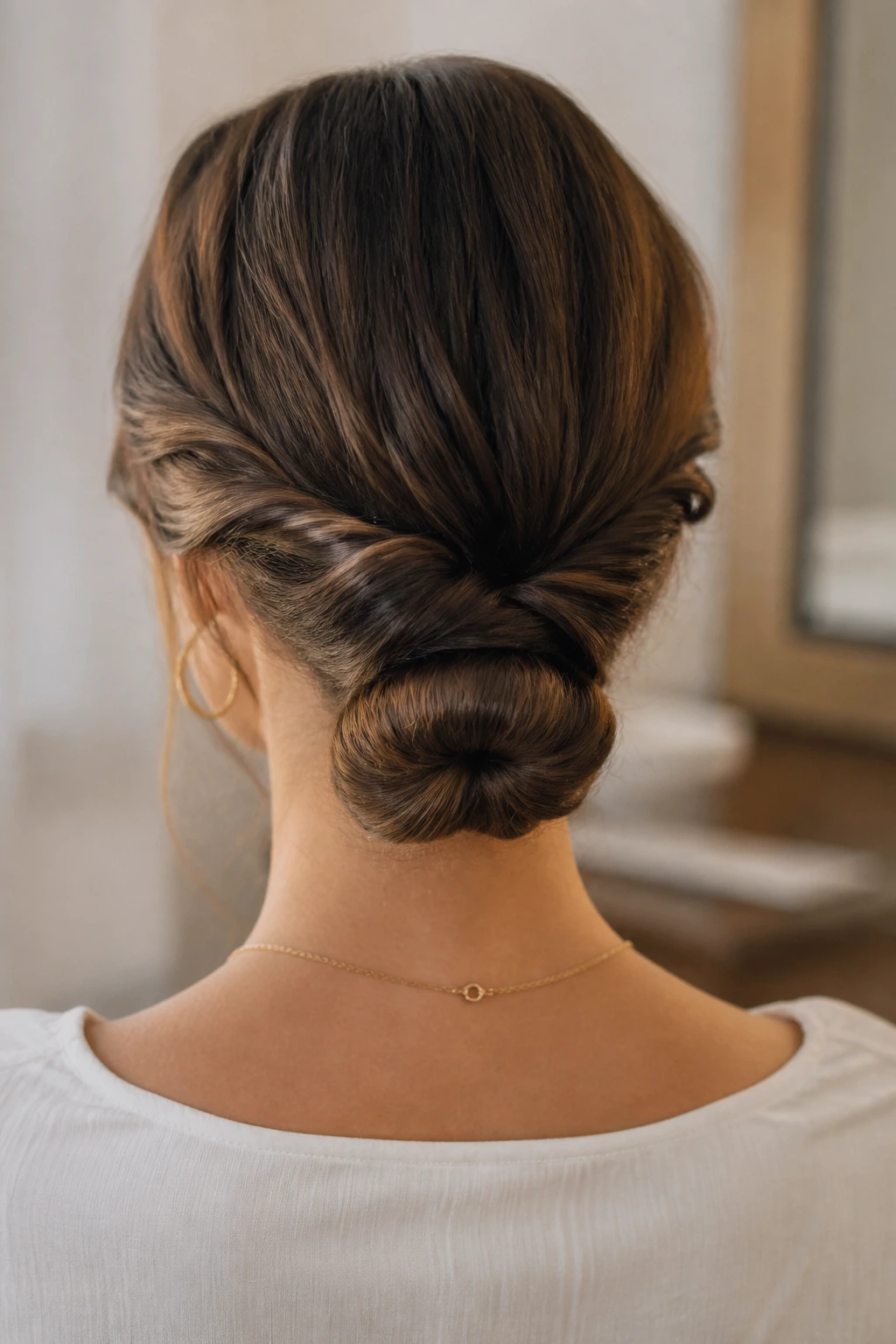 Back view of a real woman in a low twisted bun with a visible ridge