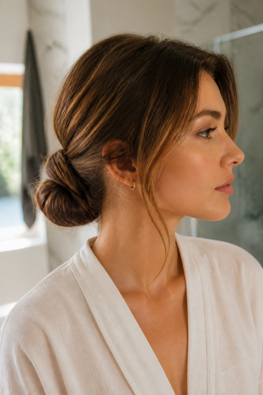 Real woman with a low twisted bun at the nape in a softly lit room