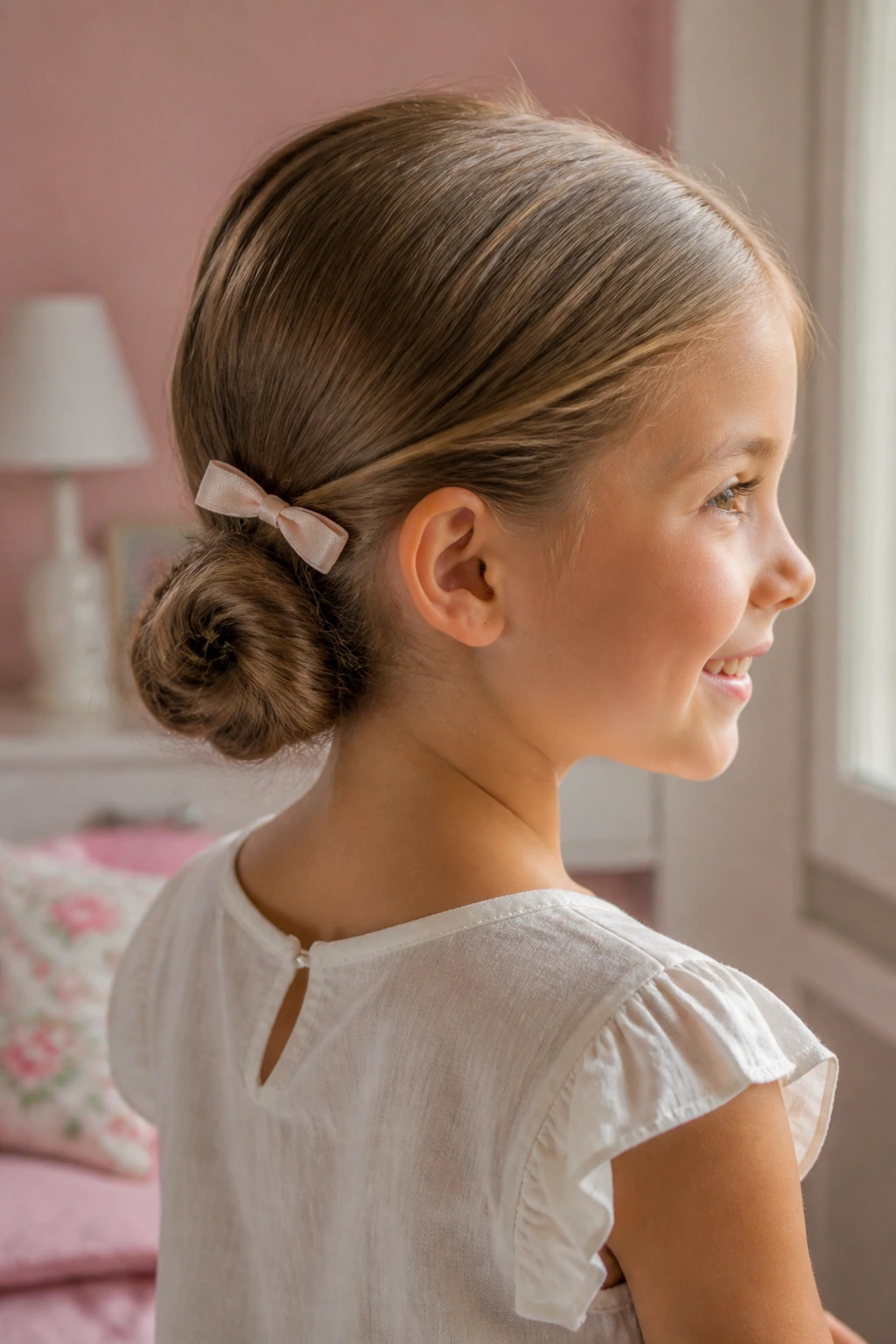 Close-up of a real young girl with a neat low twisted bun at the nape
