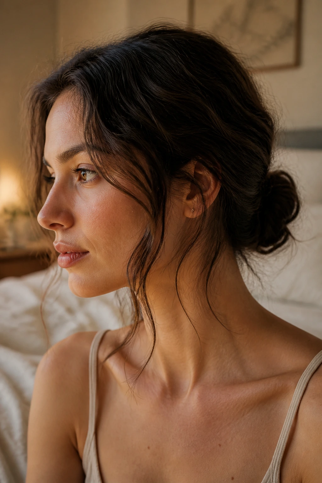 Close-up of a real woman with a low twisted bun and soft face-framing pieces in warm bedroom light