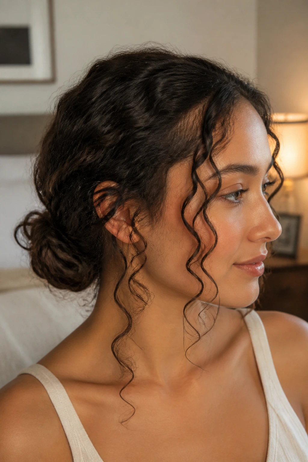 Close-up of Low Twisted Bun With Spiraled Tendrils on a real woman, tendrils framing the face