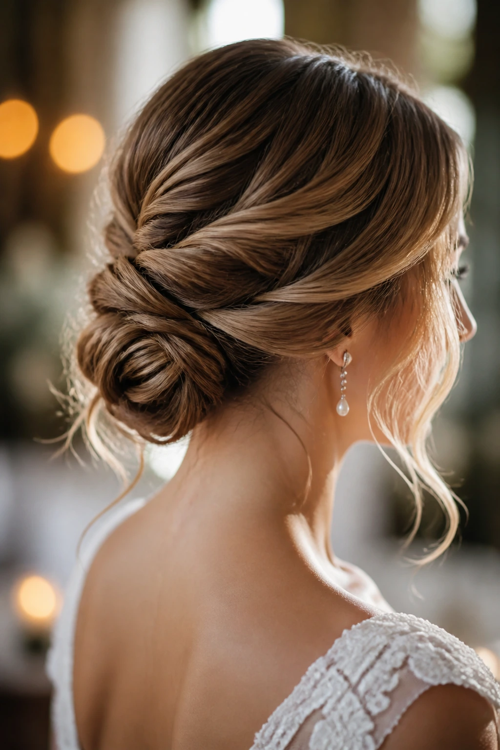 Bride with low twisted bun and loose wave ends