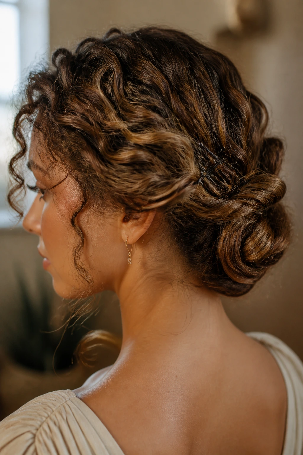 Close-up of a low twisted chignon on a real person