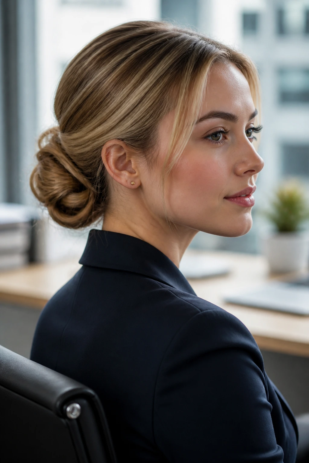 Close-up of a woman with a low twisted chignon at the nape in an office