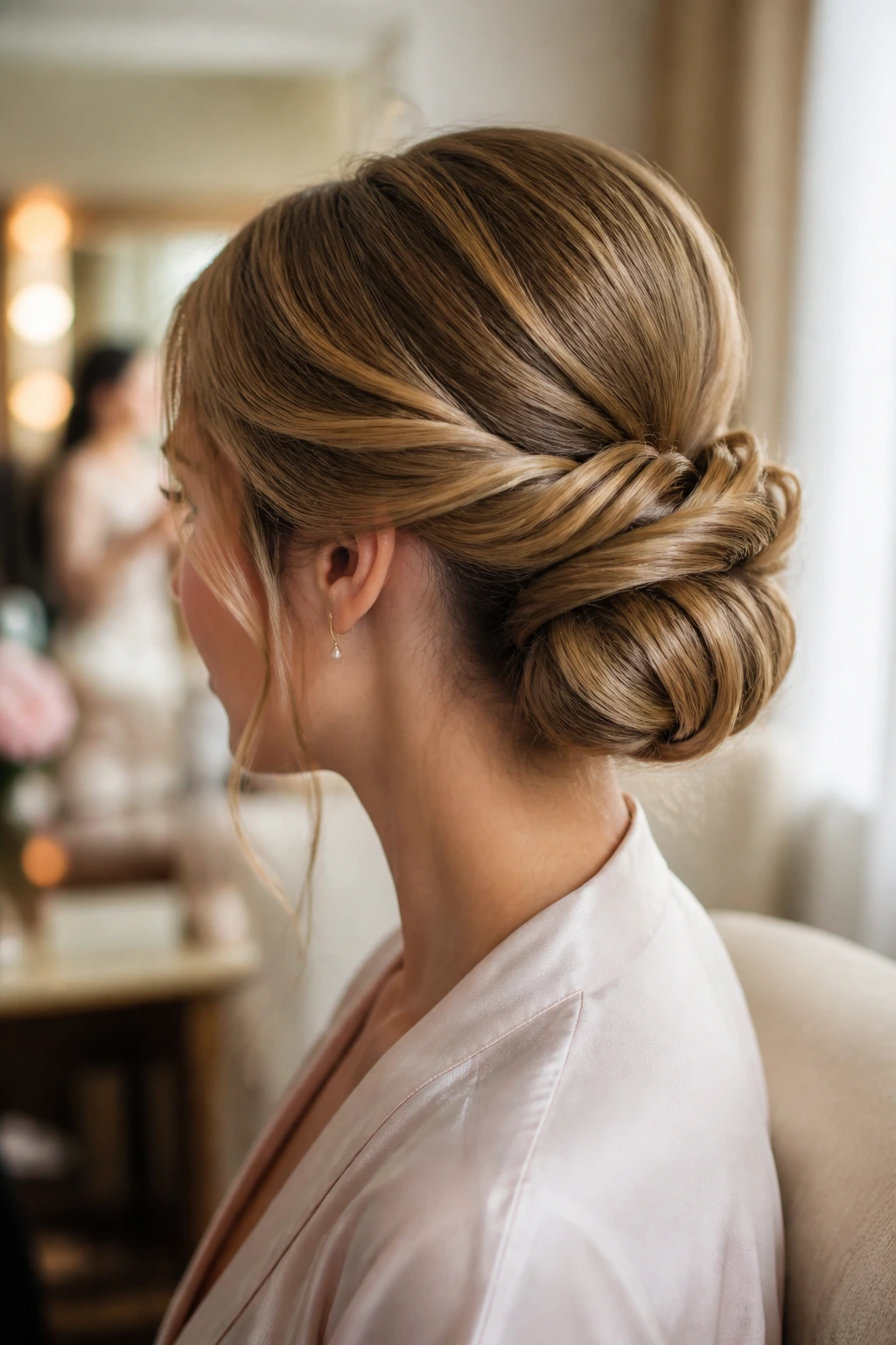 Close-up of a real woman with a low twisted chignon at the nape in a bridal suite