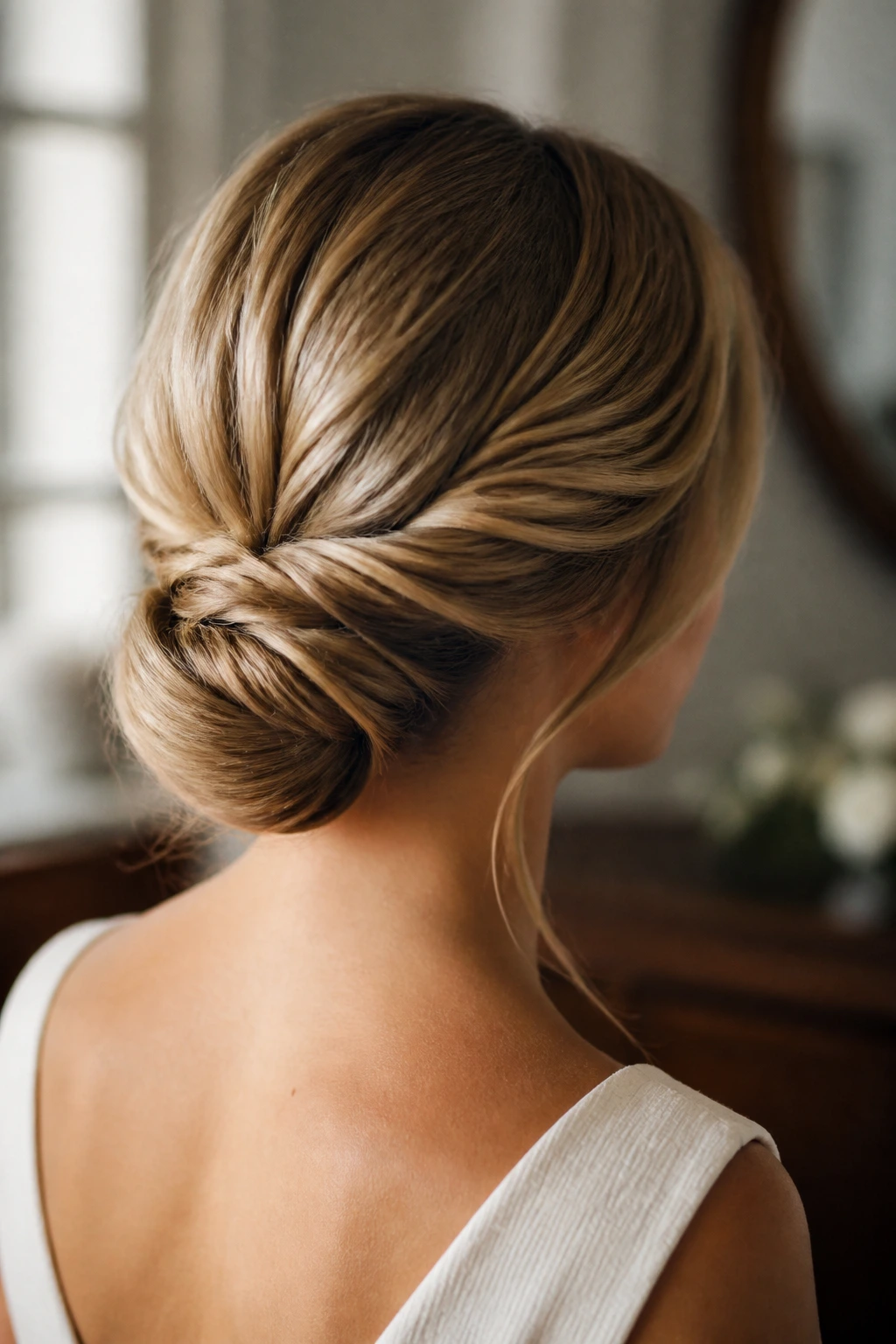 Close-up of a low twisted chignon at the nape