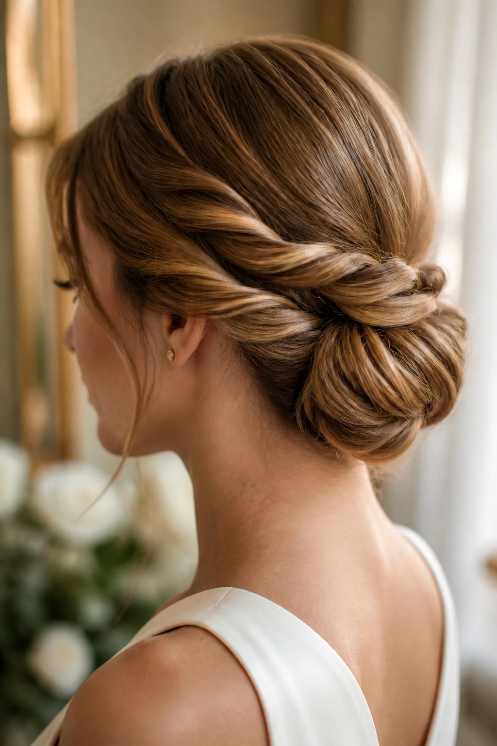 Close-up profile showing low twisted chignon at the nape