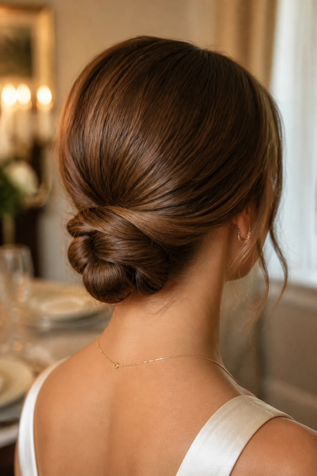 Back view of a woman with a low twisted chignon at the nape