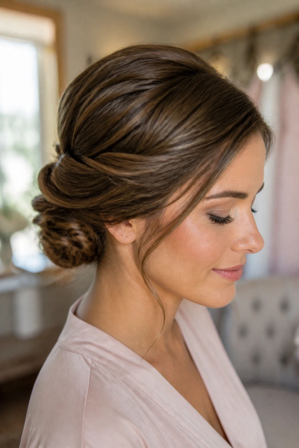 Close-up of a real woman with a low twisted chignon and side part