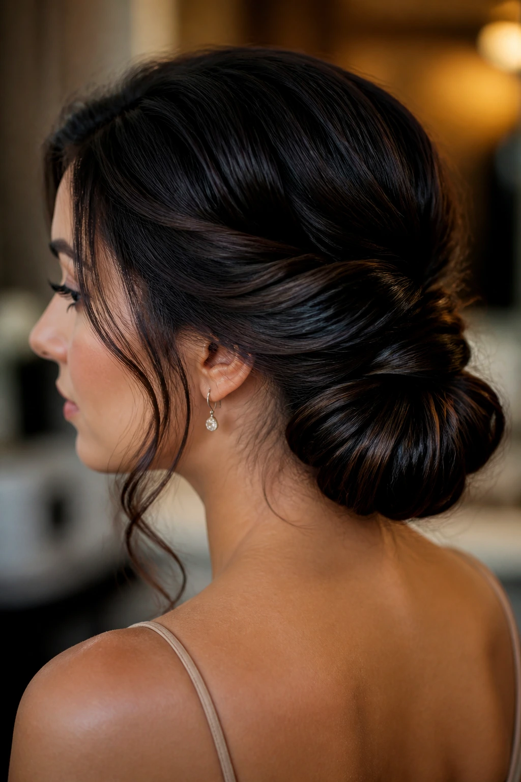 Real woman with a low twisted chignon in thick wavy hair