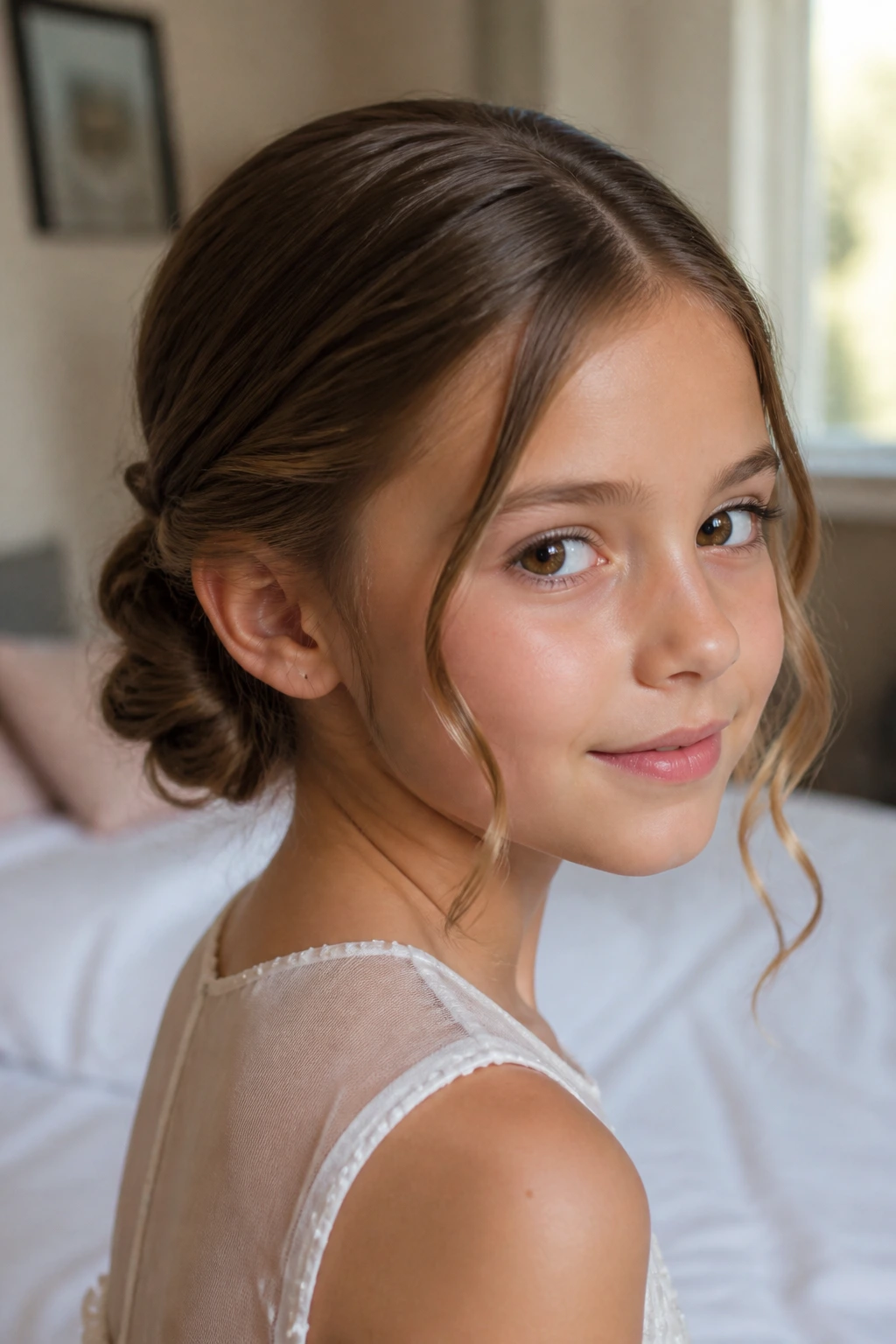 Close-up of a real child wearing a low twisted knot with face-framing pieces