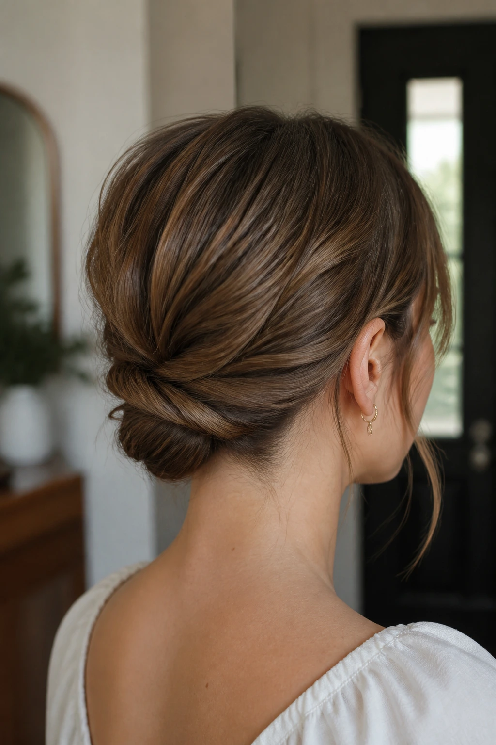 Rear close-up of real person with low twisted nape hairstyle
