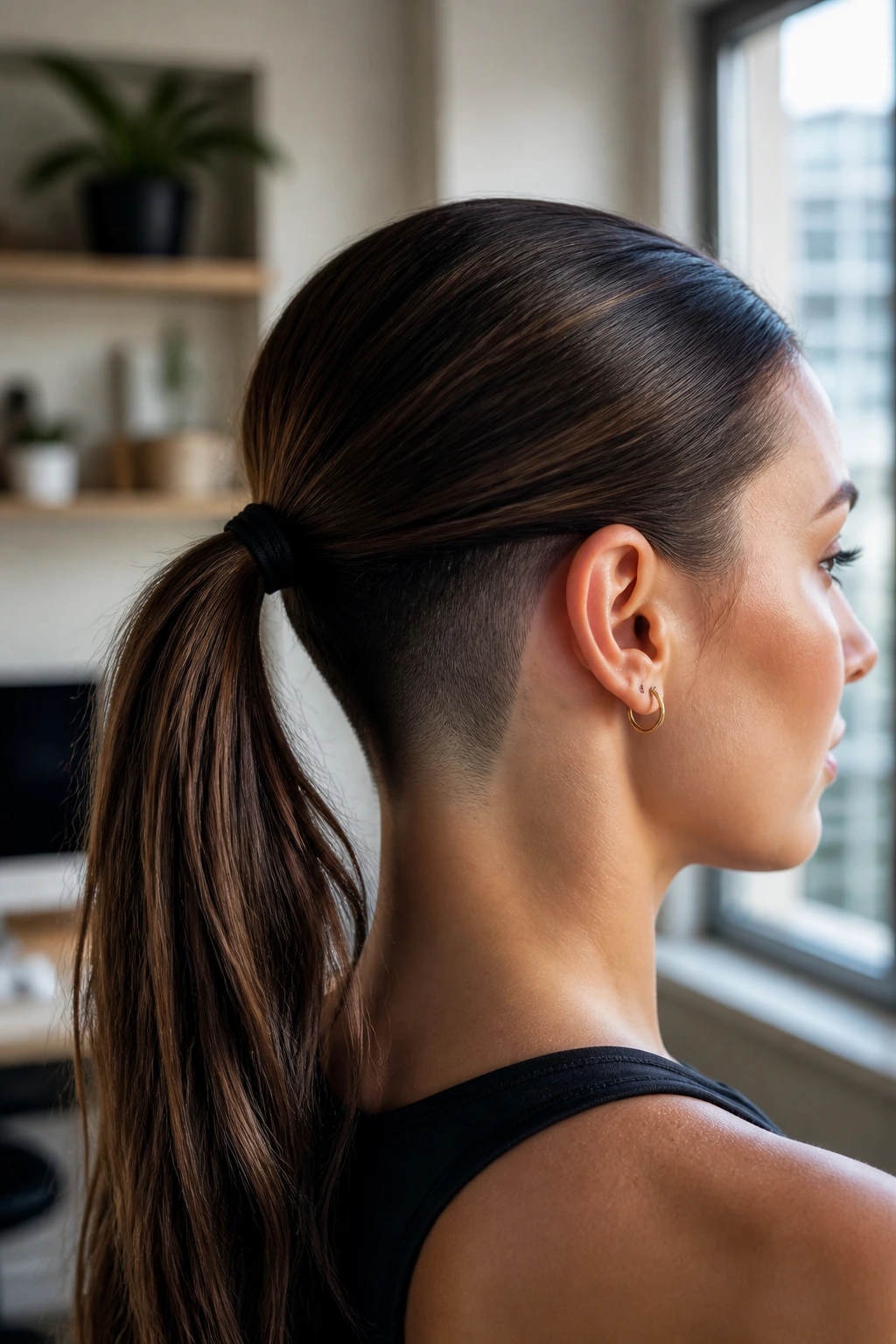 Close-up portrait of a real woman with a low ponytail and clean undercut at the nape