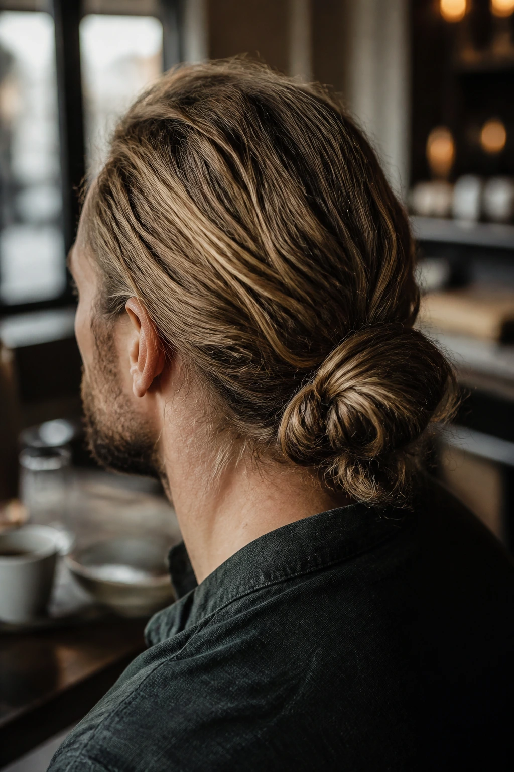 Rear view of a low Viking bun at the nape for a real person