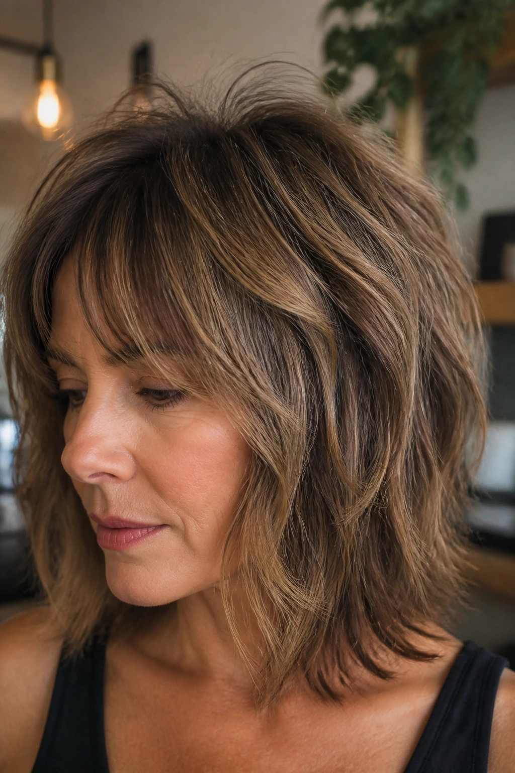 Portrait of a woman with low-volume crown shag showing lifted crown in warm salon light