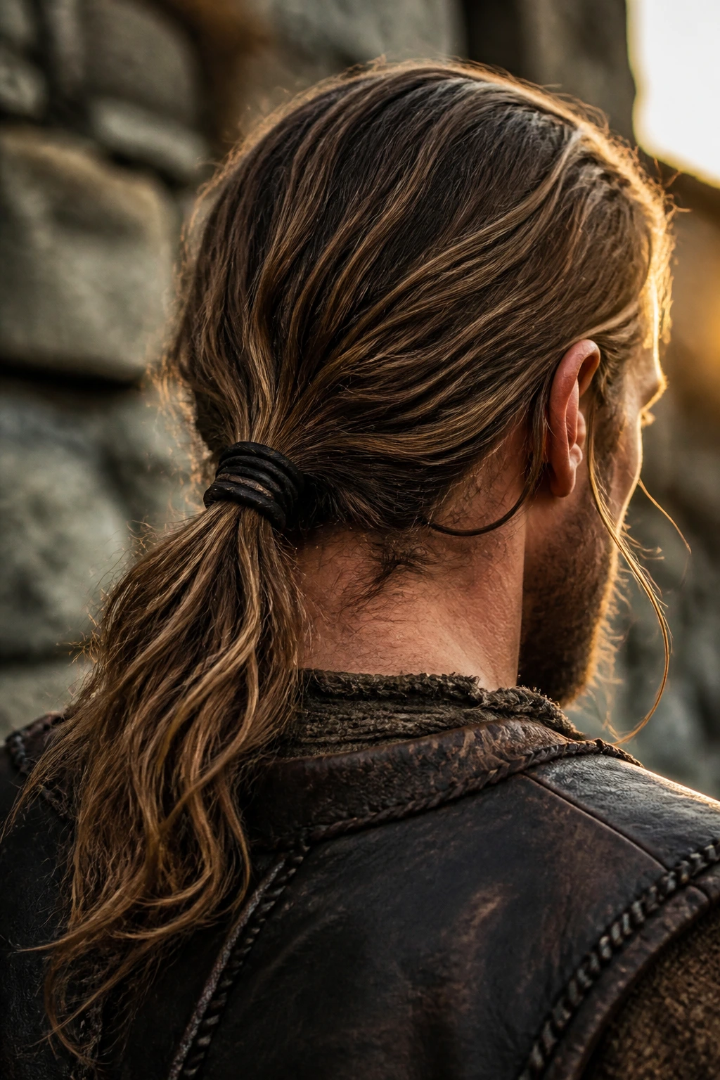Rear view of a man with a low warrior tail hairstyle
