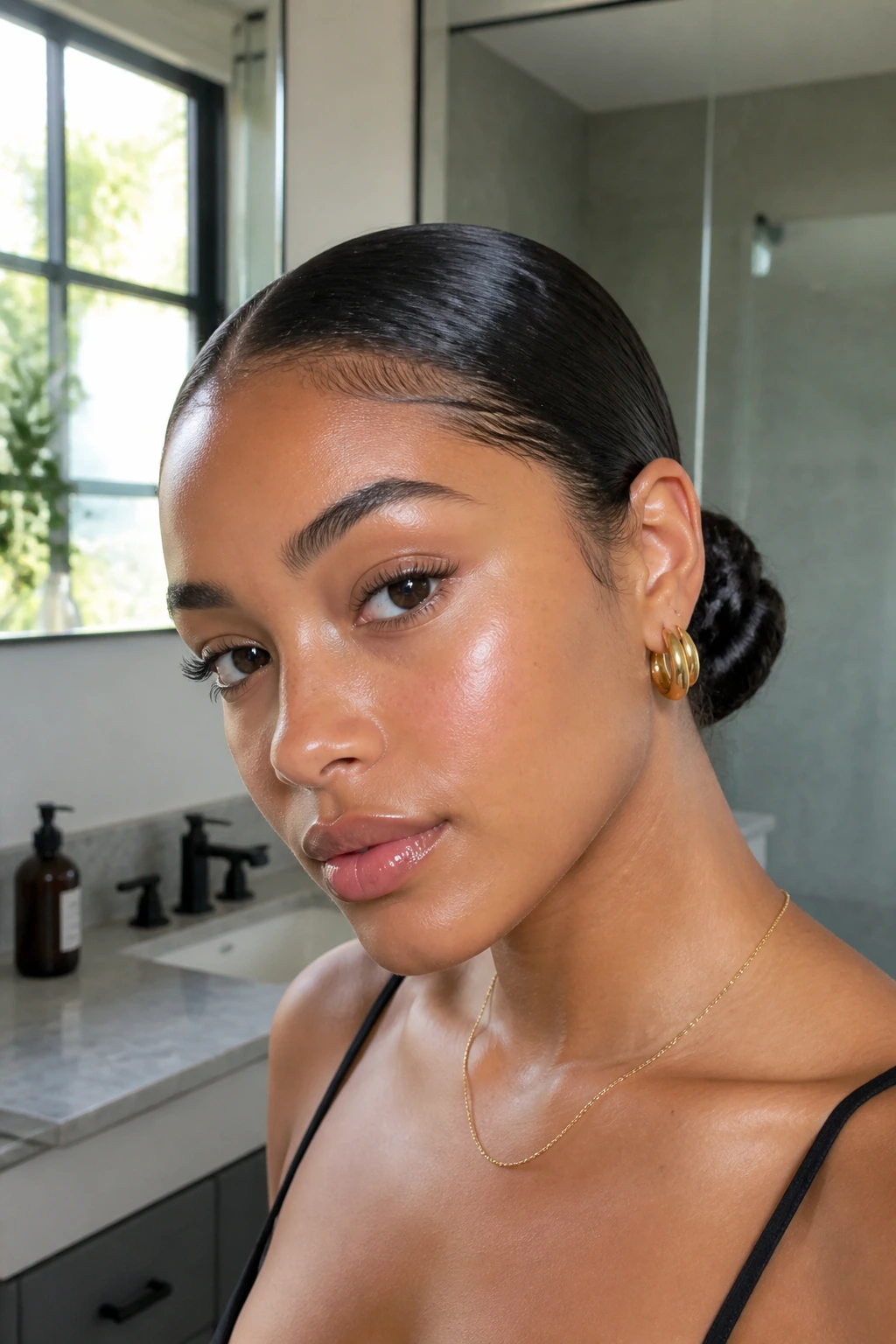 Close-up of a real woman with a low wet bun and clean edges.