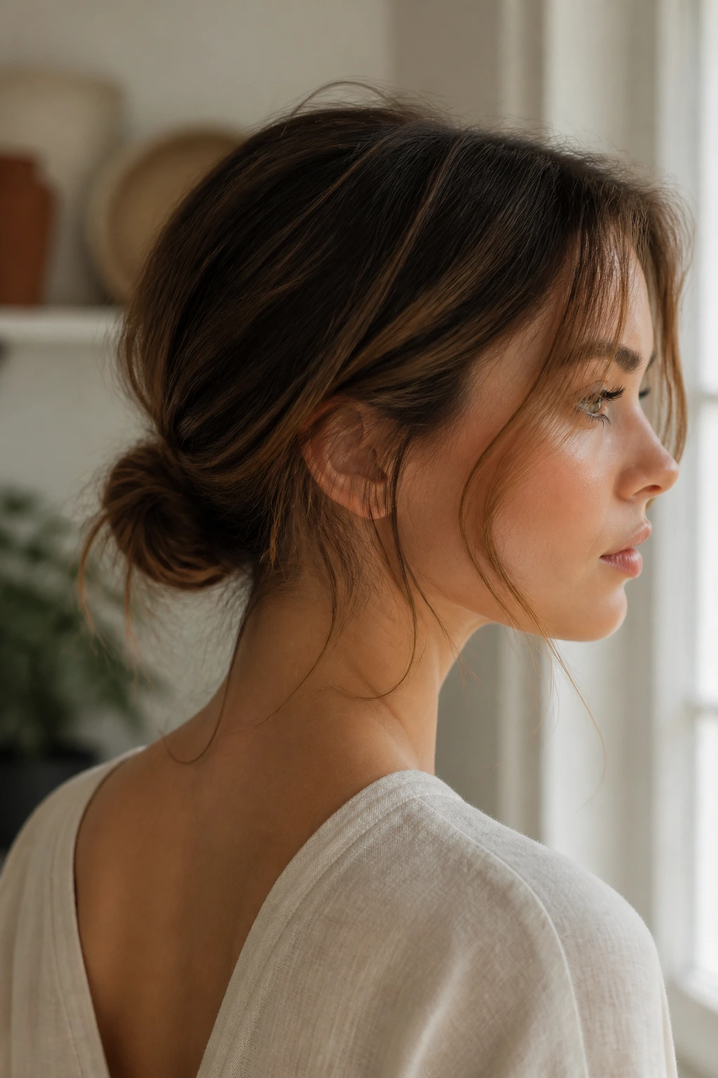 Close-up of a real woman with a low wispy knot at the nape