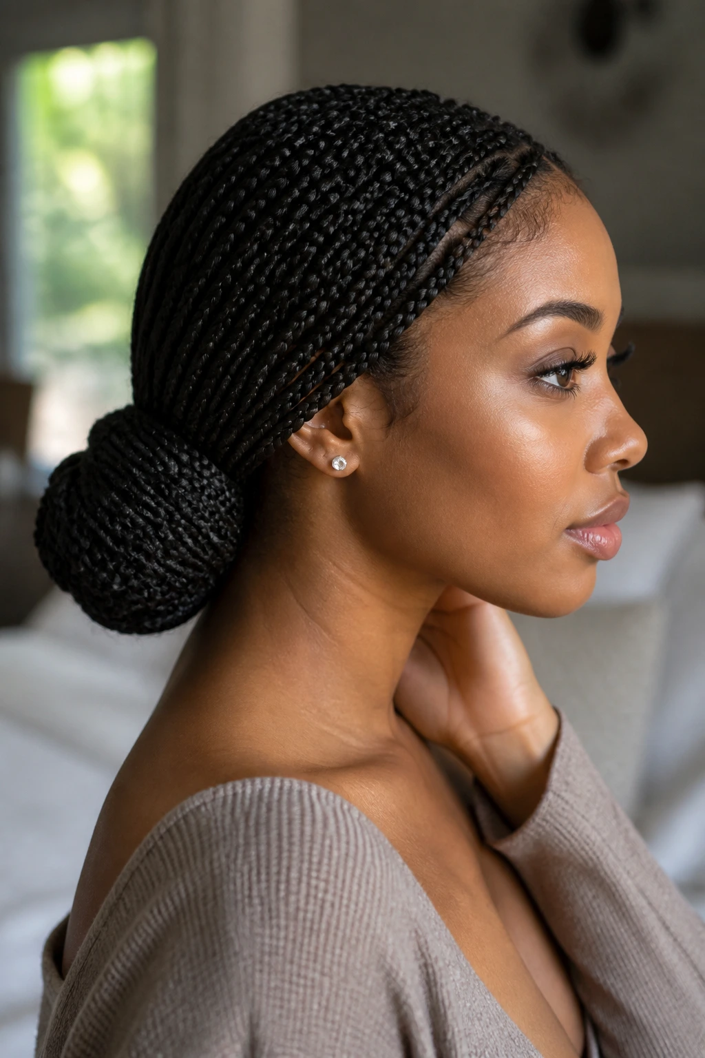 Real woman with a low wrapped bun made from long box braids.