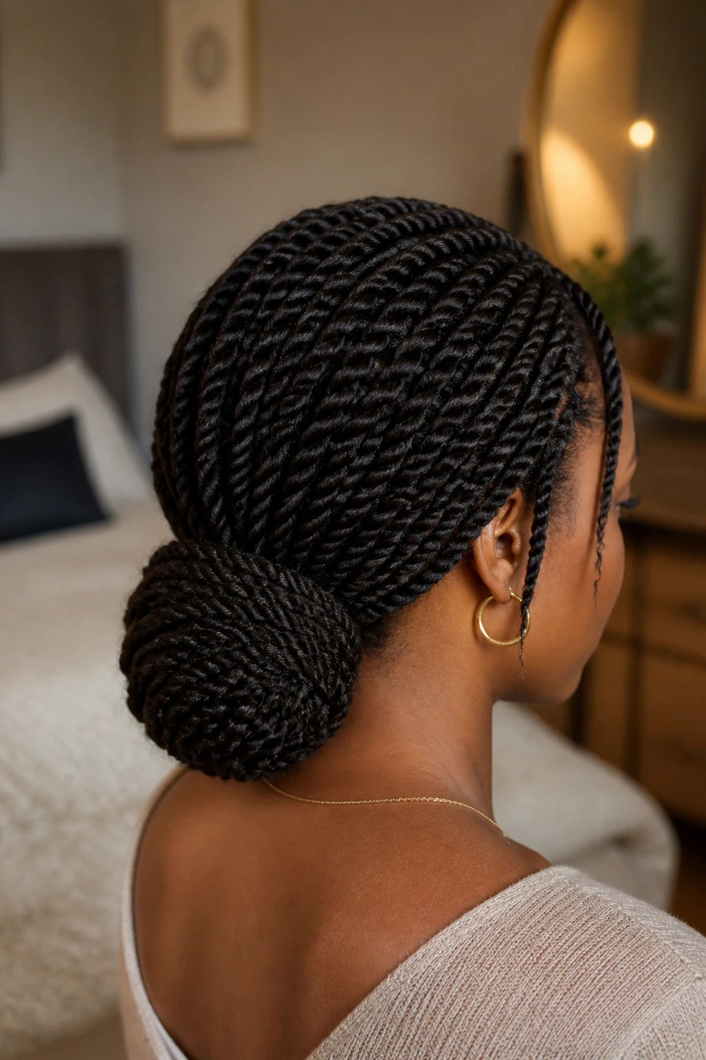 Low wrapped bun Senegalese twists back view.