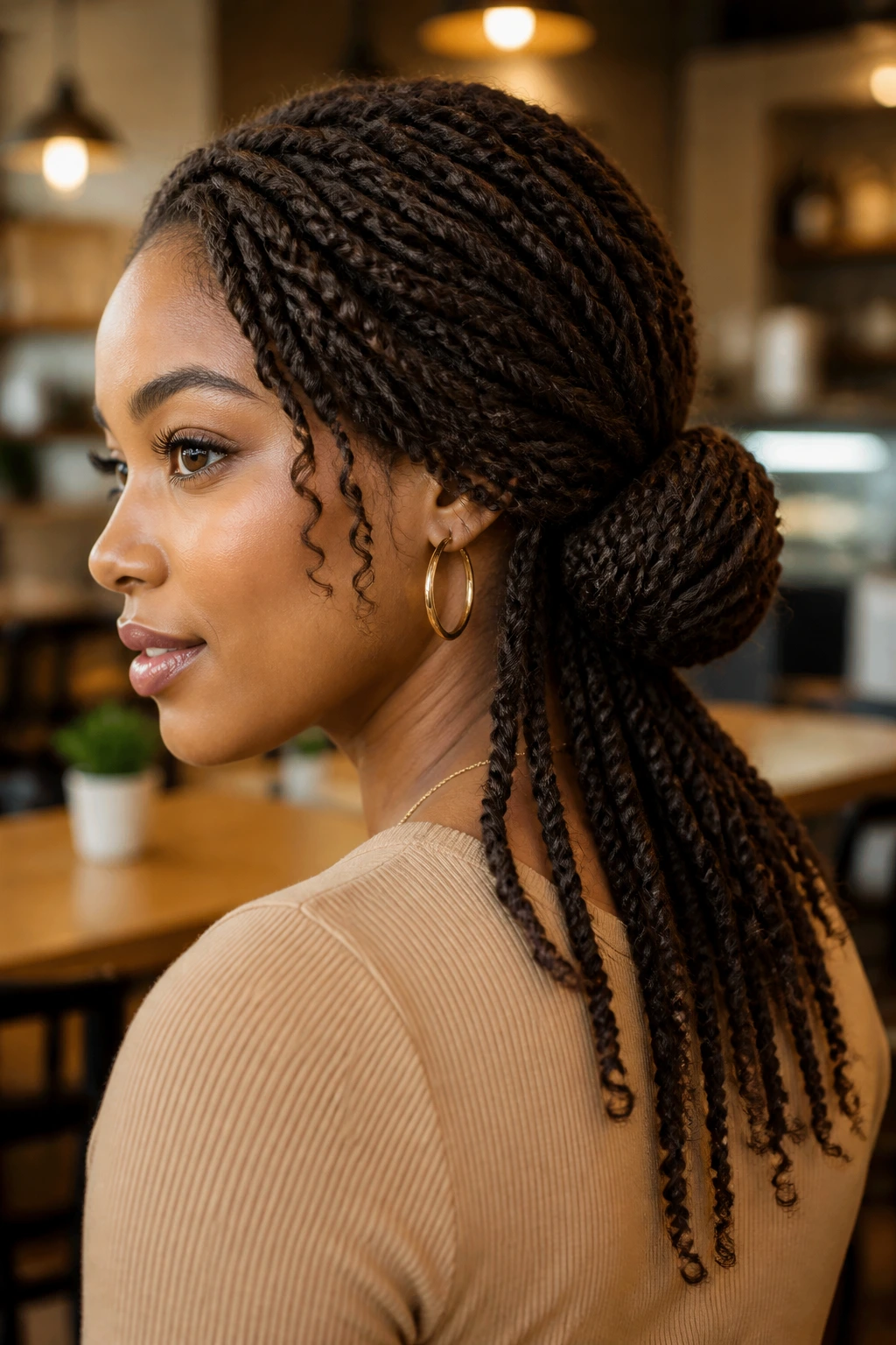 Close-up portrait of a real Black woman with a low wrapped bun and twists left out.