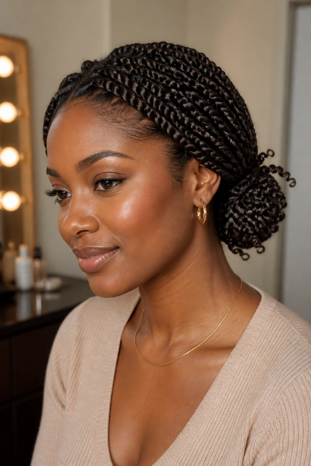 Close-up of a real woman wearing a low wrapped spring twist bun