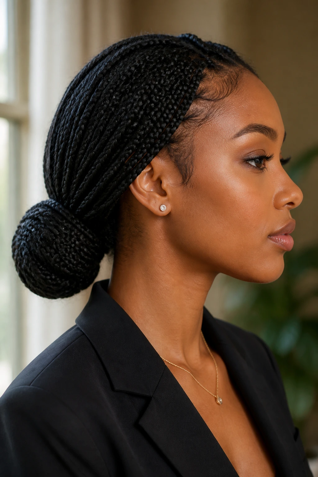Close-up of a real person with a low wrapped nape bun formed by long braids in warm indoor lighting