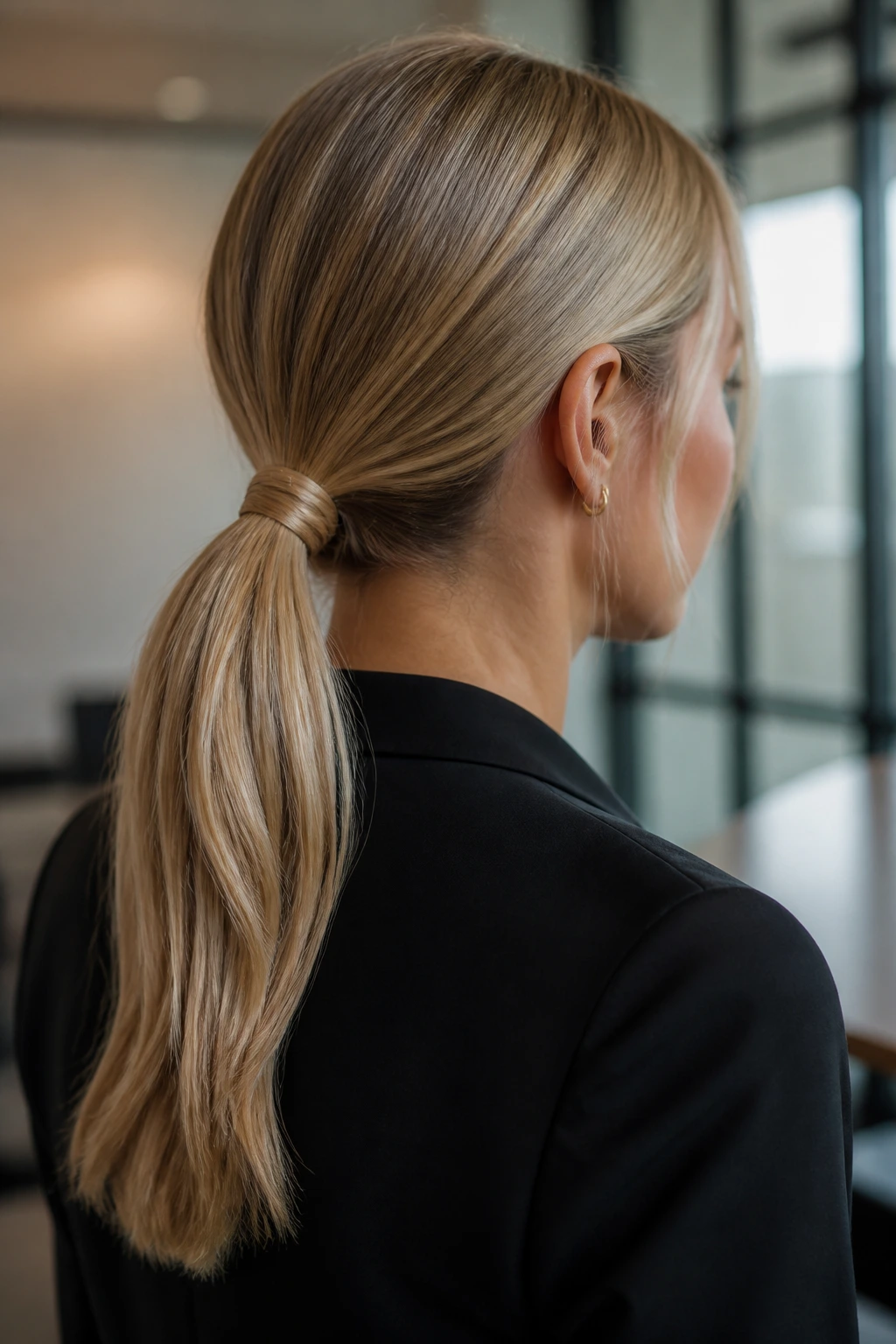 Real person with a low wrapped ponytail highlighting the wrapped base