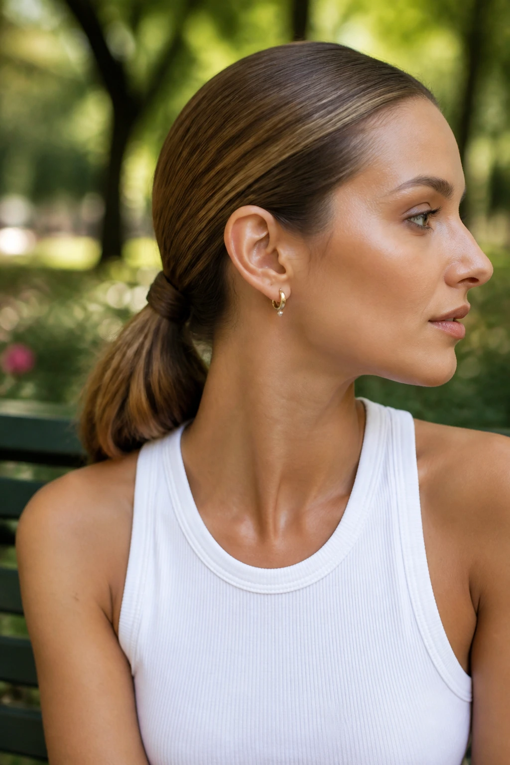 Real woman with a low wrapped ponytail at the nape in a park setting