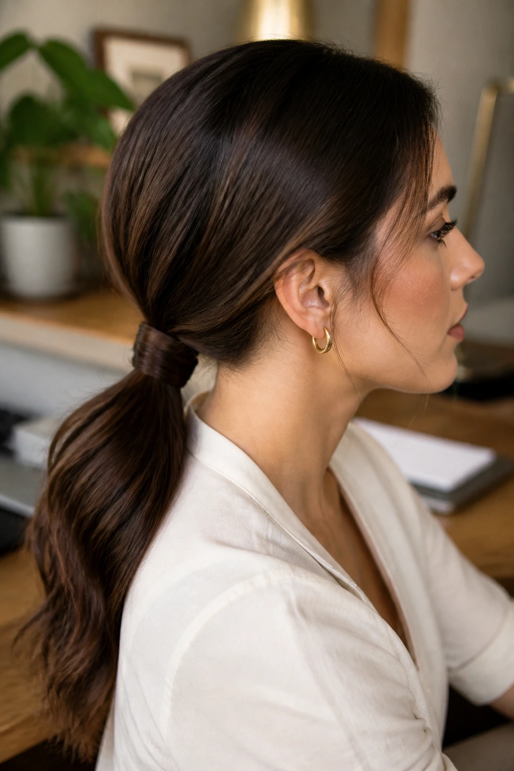 Close-up of real woman with a low wrapped ponytail at the nape