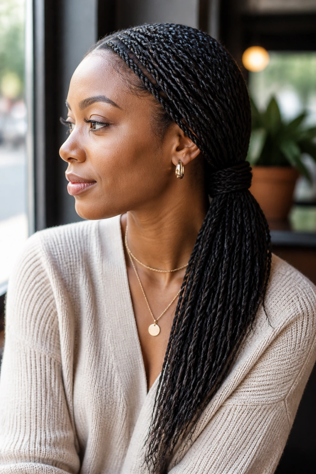 Close-up of a real woman with a low wrapped ponytail and concealed hair tie