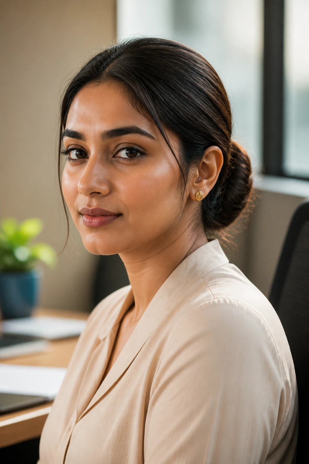 Close-up of a real woman with a sleek low bun in an office setting