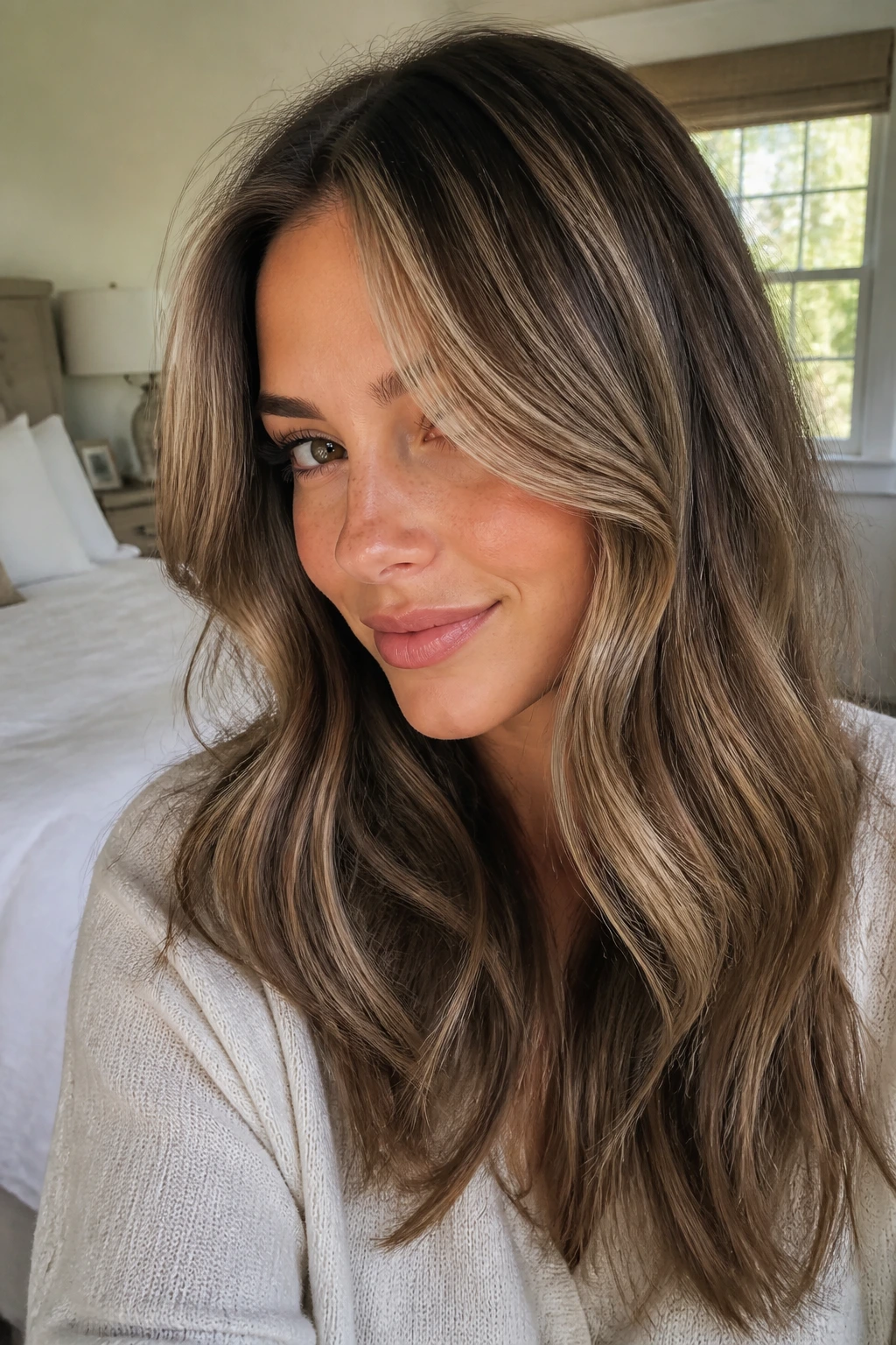 Close-up of a real person showing soft dimensional hair lowlights in a warm natural-light setting
