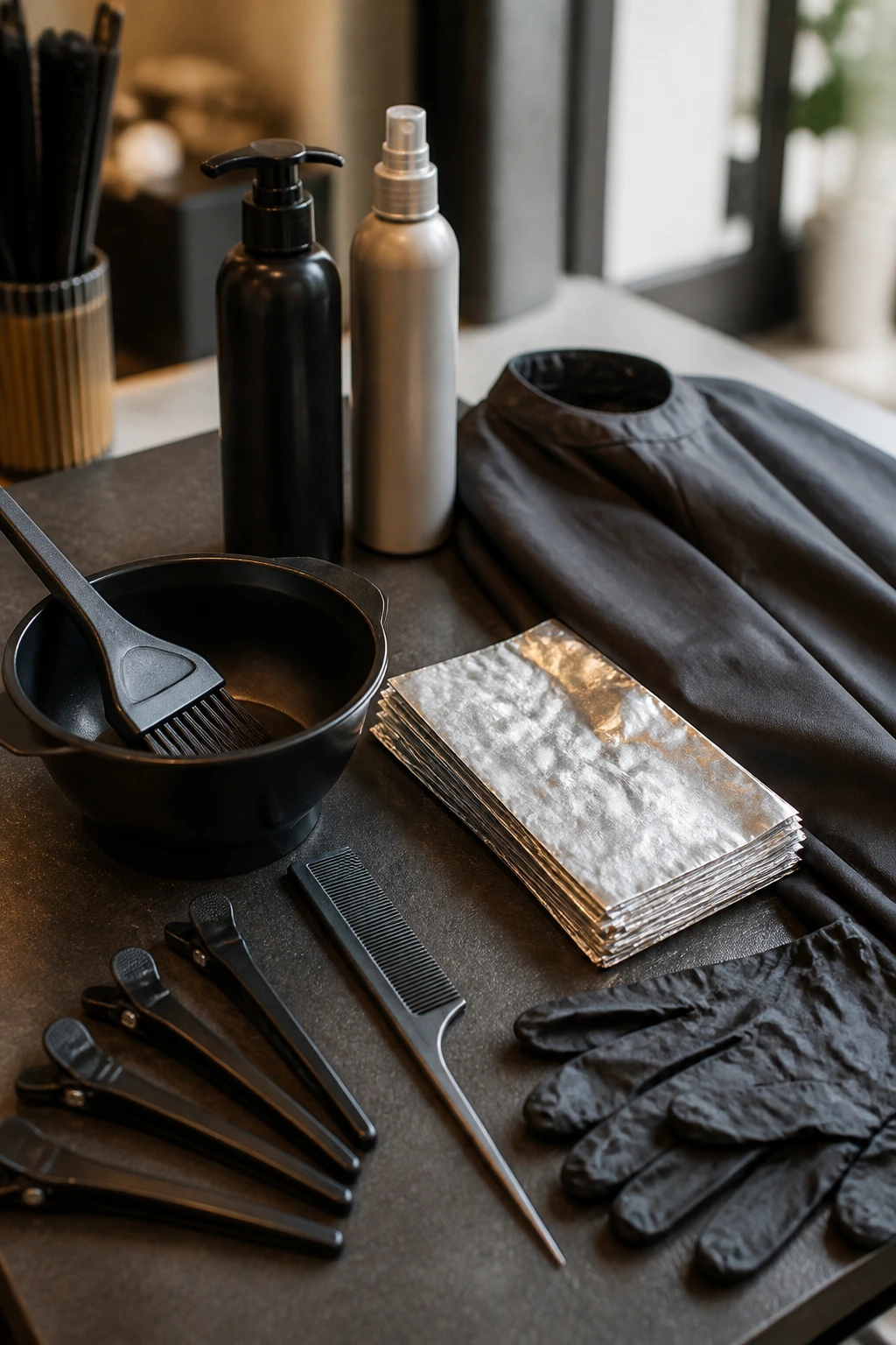 Close-up of salon tools and products arranged on a dark counter for lowlight work