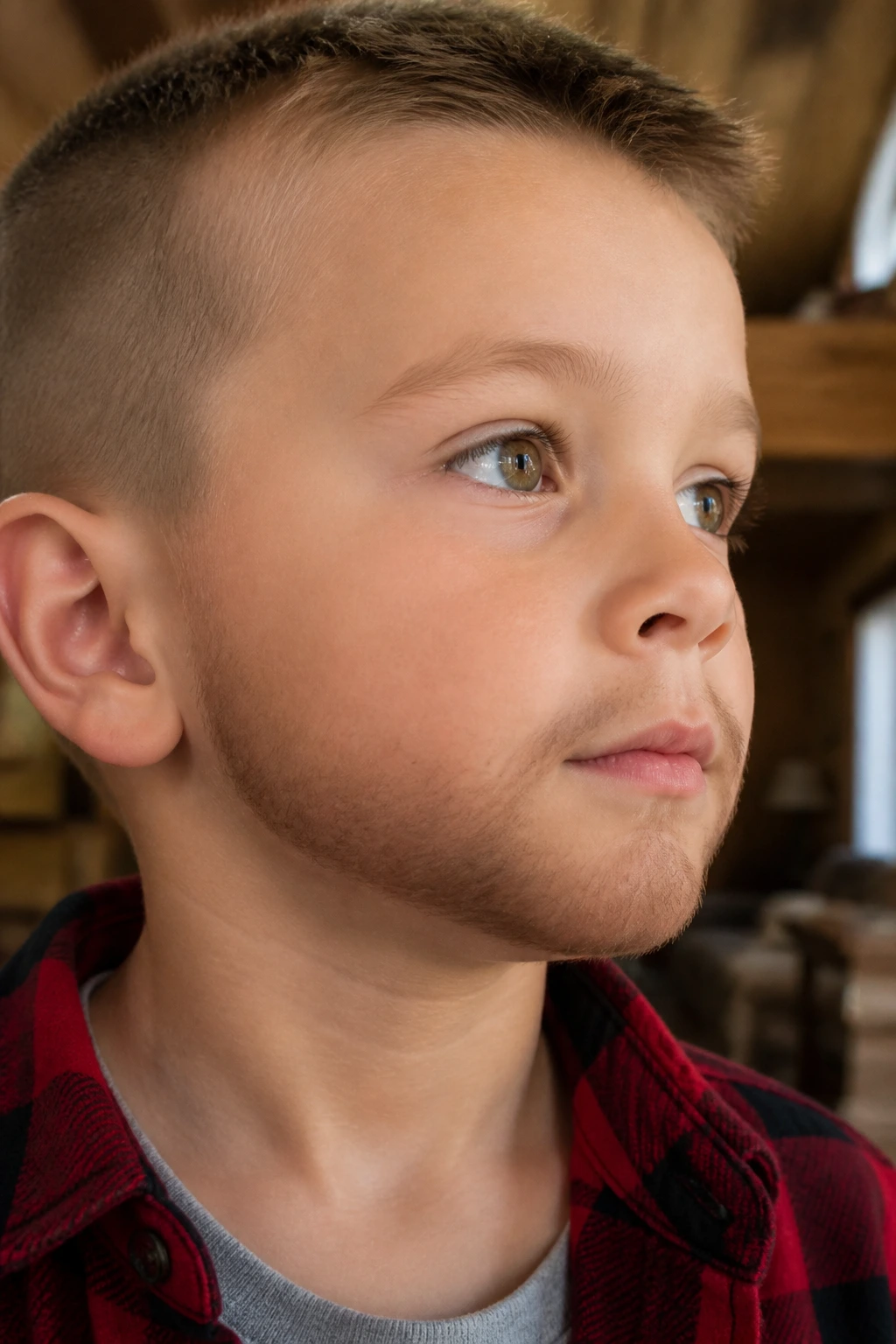 Close-up of a young boy with a tiny lumberjack beard shadow on the chin