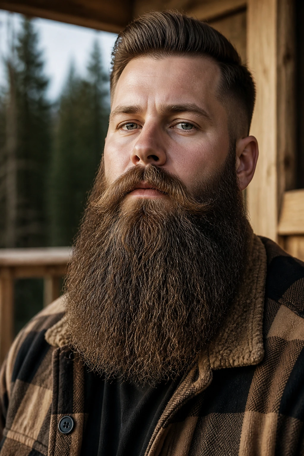 Close-up of a man with a thick, long lumberjack beard outdoors.