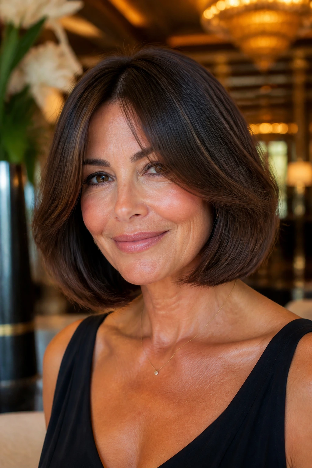 Real woman with luxe Italian bob and center-part curtain fringe in warm lobby light