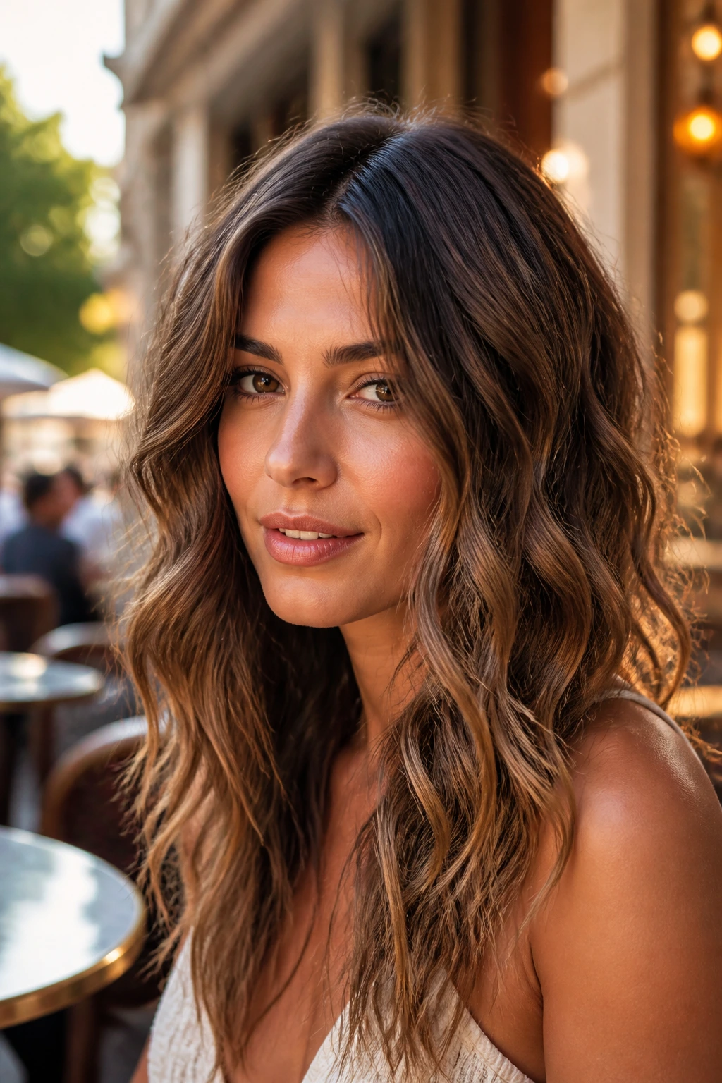 Real woman with luxe undone beach waves and a smooth crown in golden hour light.