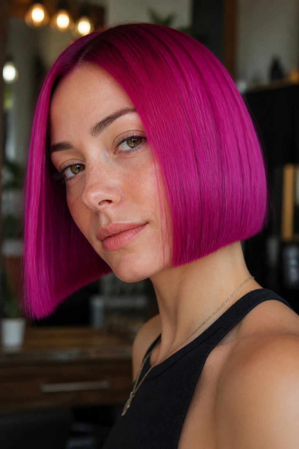 Close-up portrait of a real woman with a magenta blunt bob in a warm salon.