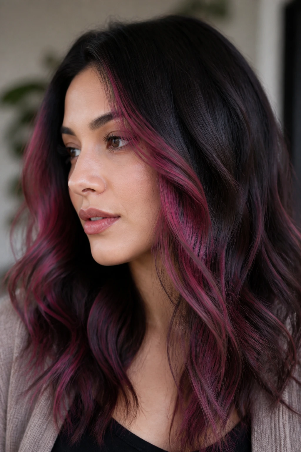 Dark brunette hair with magenta dust highlights on front ribbons