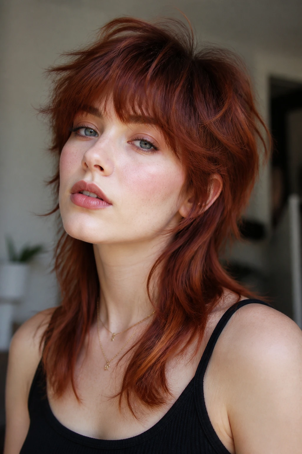 Close-up of a real person with mahogany-root auburn mullet