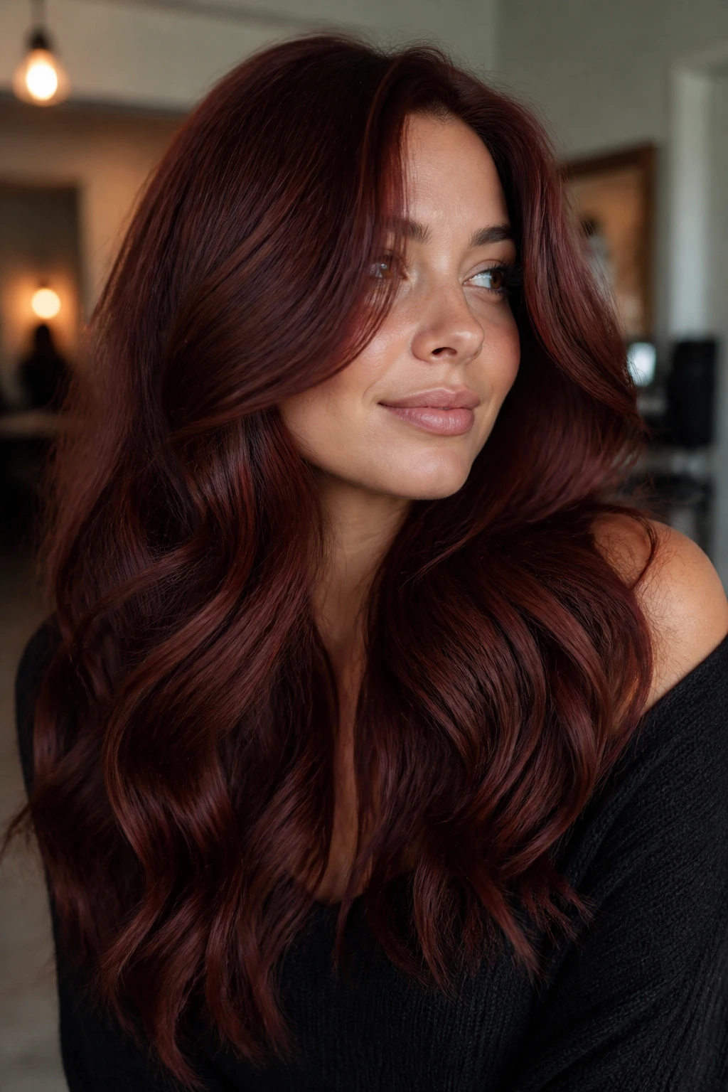 Close-up of a person with mahogany auburn waves in warm indoor light.