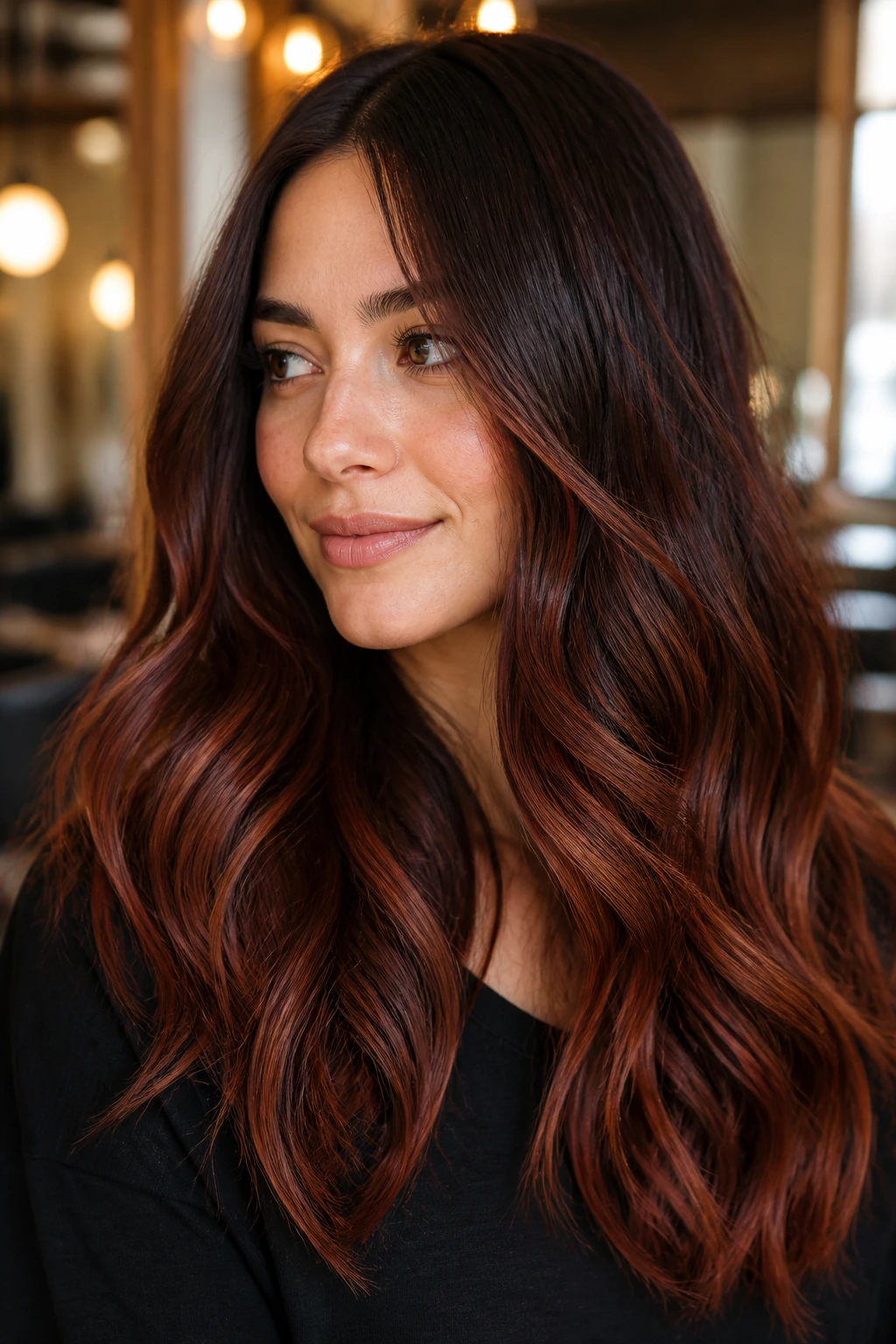 Close-up of a woman with mahogany glow balayage and glossy brunette hair in a salon setting
