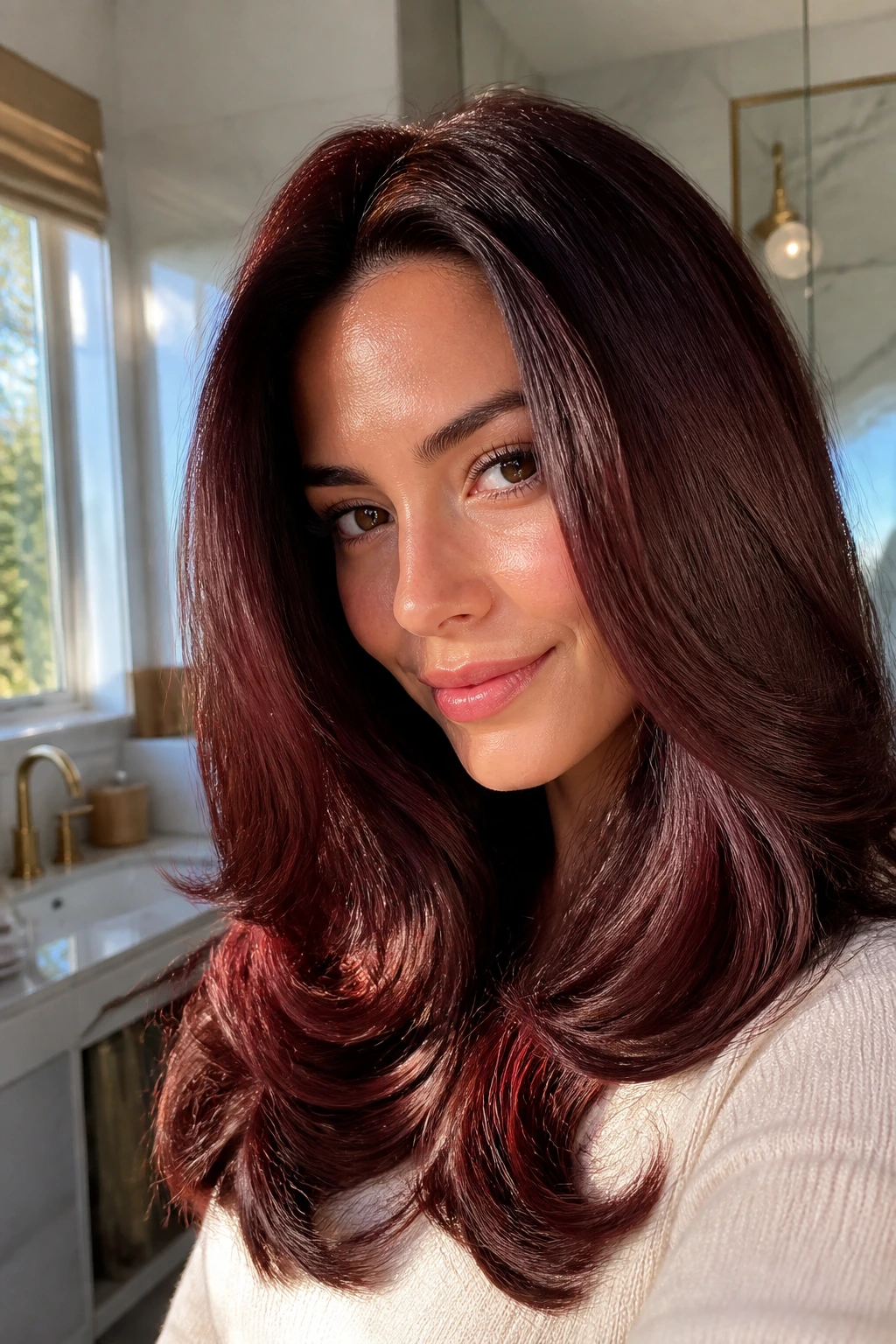 Close-up of a real woman with a mahogany blowout showing depth and shine