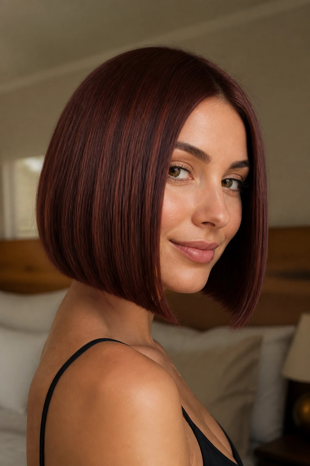 Close-up portrait of a real woman with a mahogany Sleek Bob, rich red-brown color and sharp straight edge.
