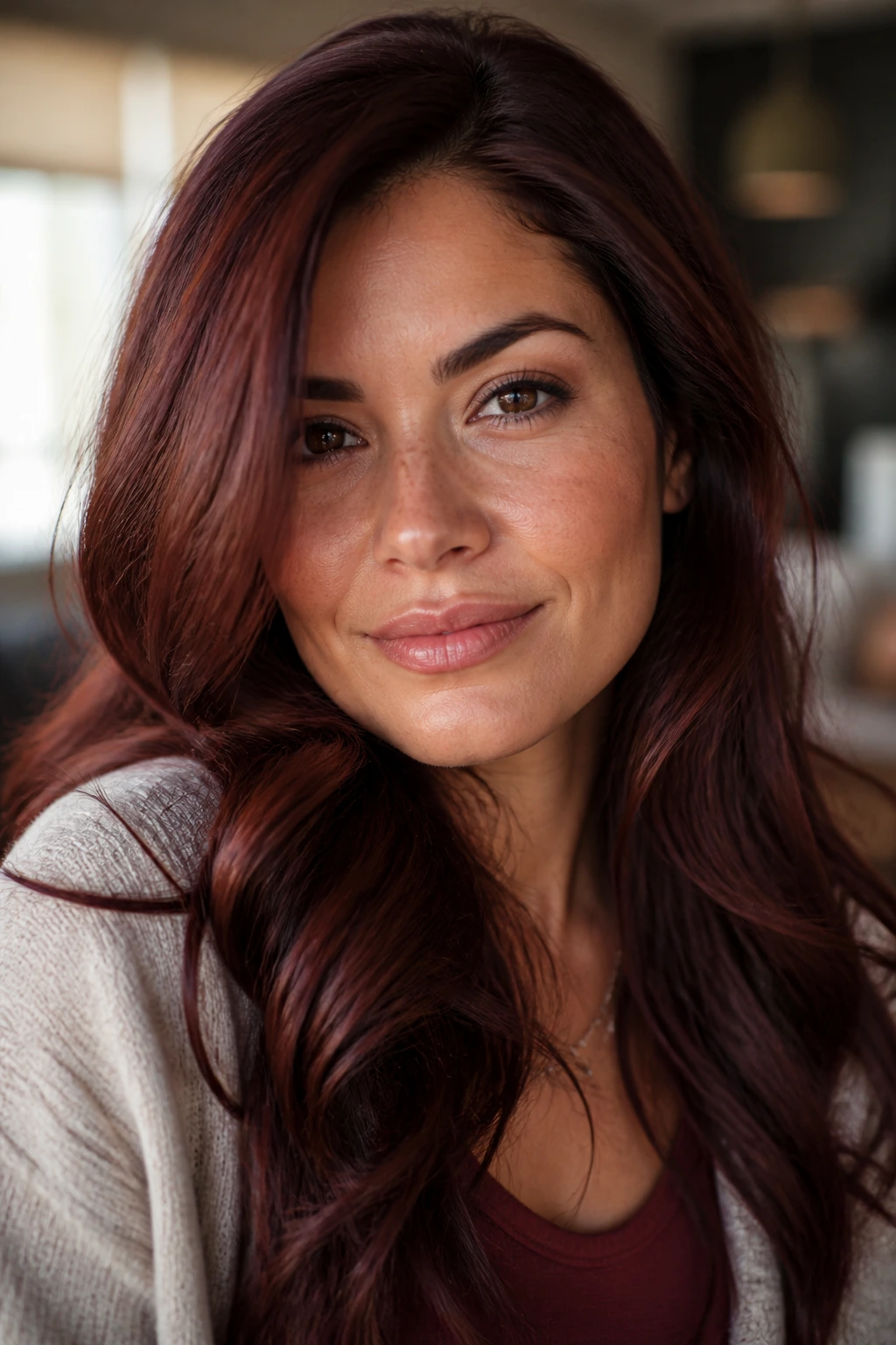 Close-up portrait of a real woman with mahogany brown hair and burgundy-red undertones in warm light