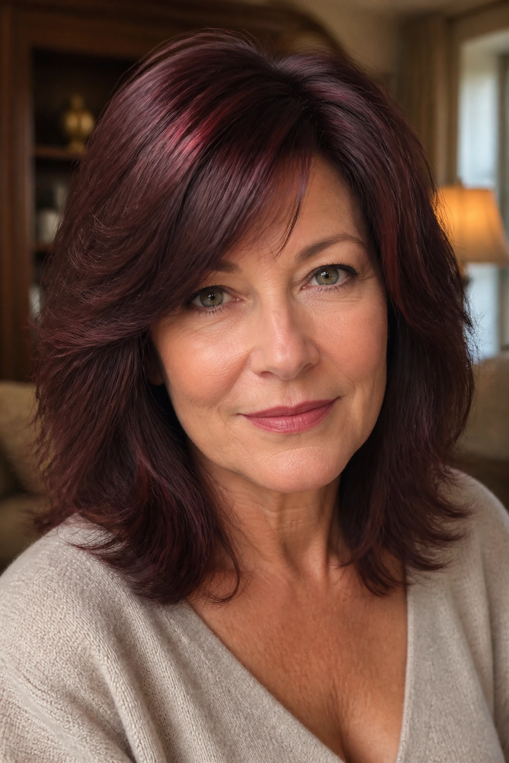 Close-up of a woman with mahogany brown hair and red undertones