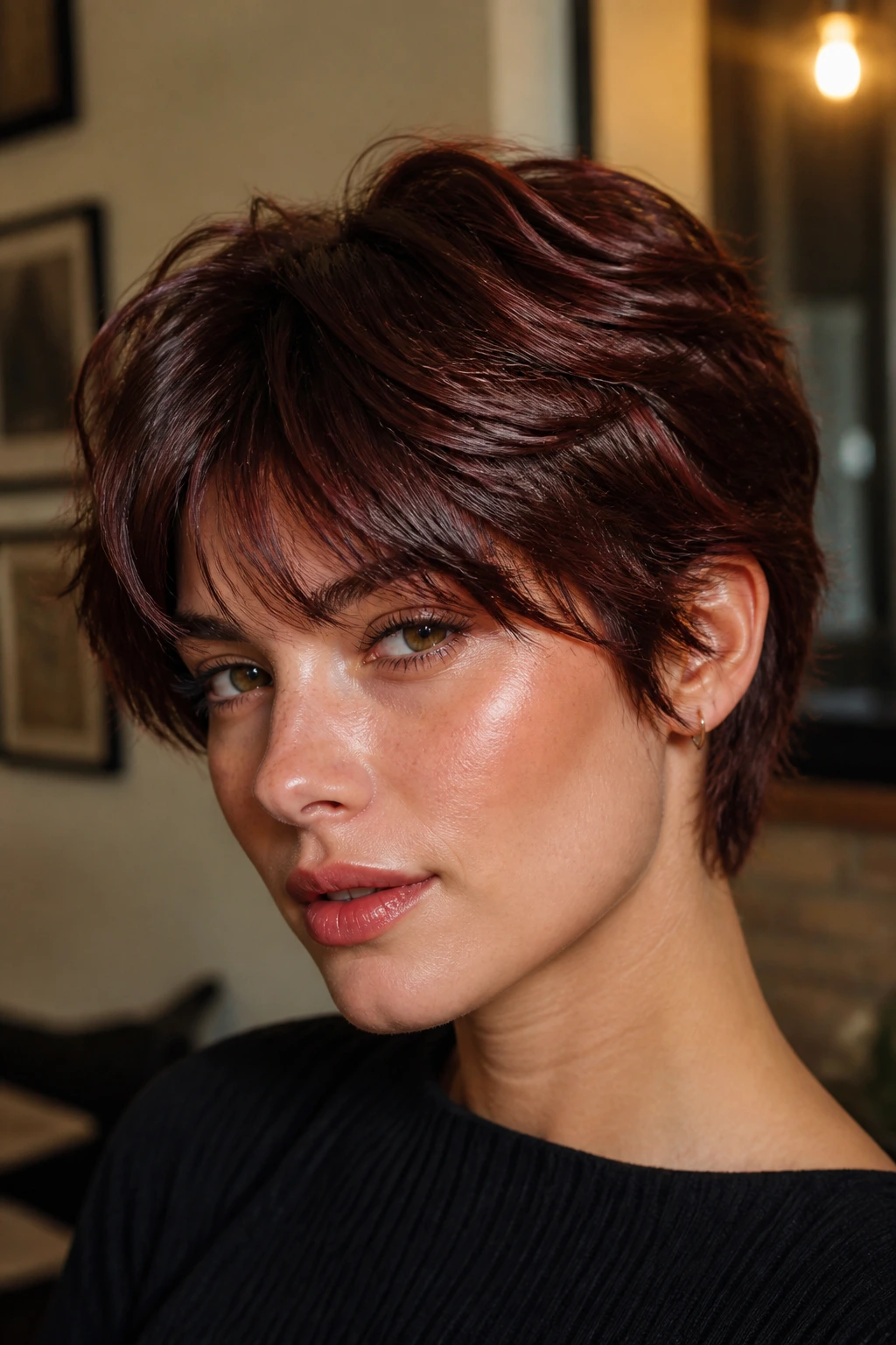 Close-up portrait of a real woman with mahogany brown hair and sheen in warm interior light