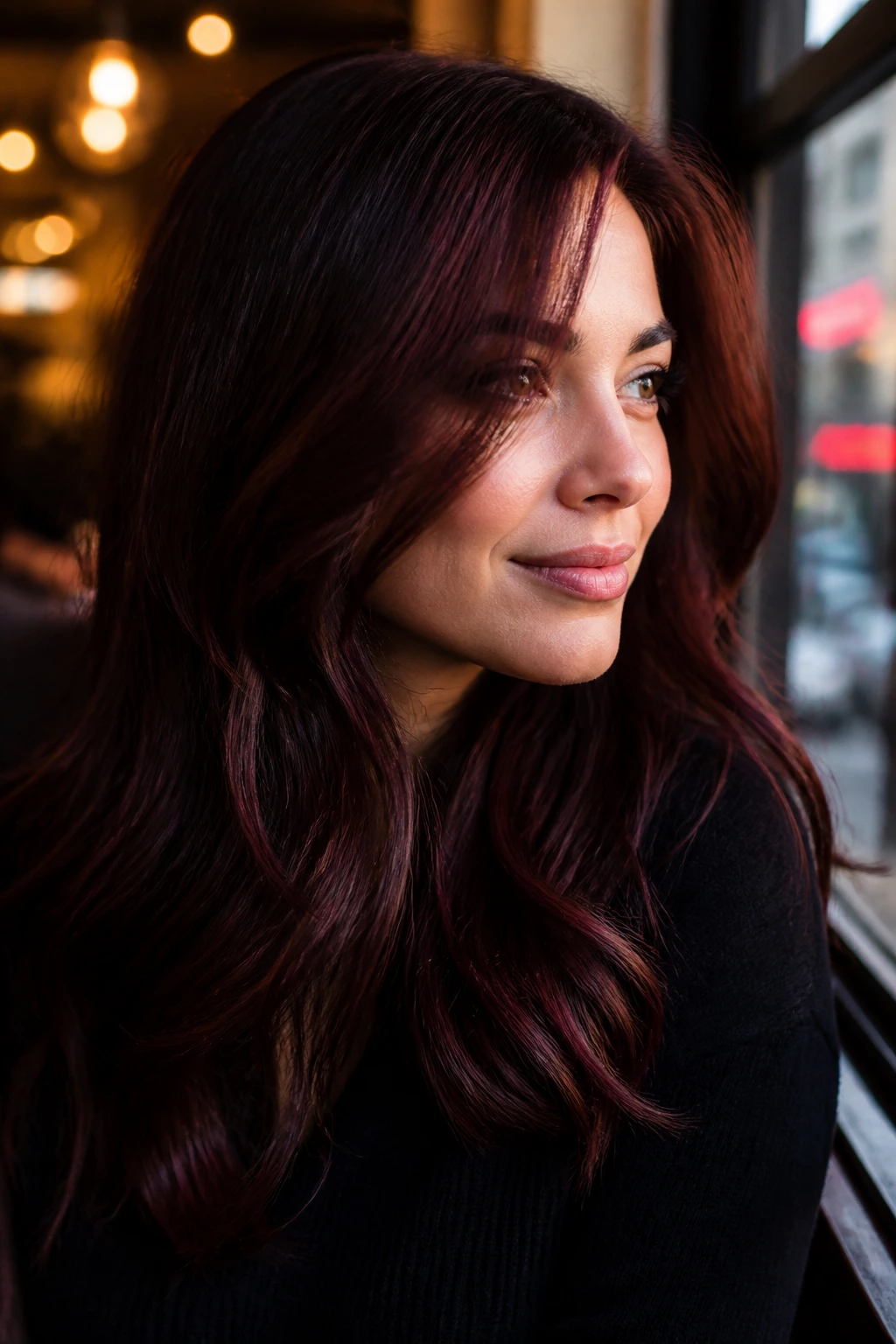 Close-up of a real woman with mahogany brown hair and deep wine undertones in a cafe setting
